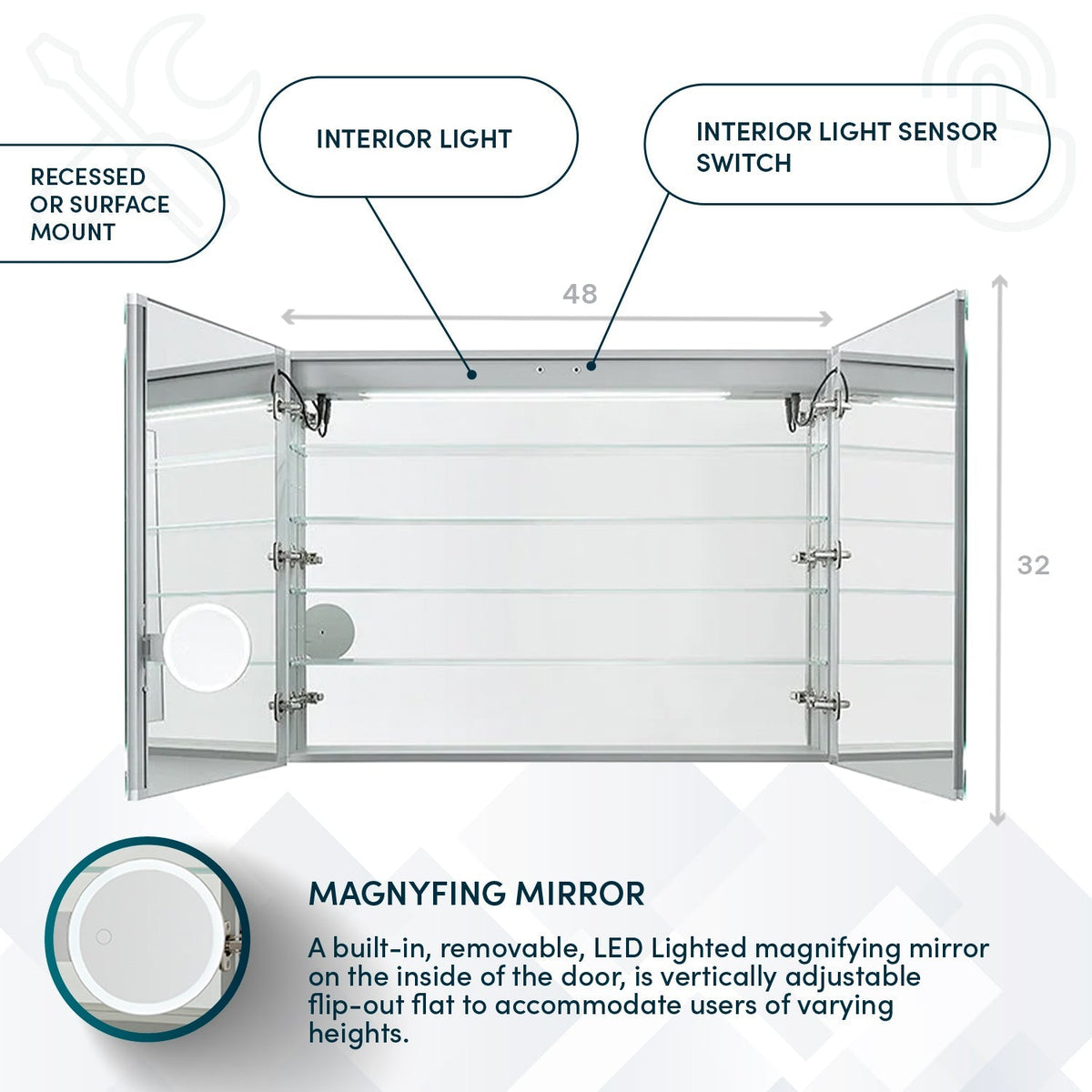 Aquadom Edge Royale 48" x 32" LED Lighted Medicine Cabinet With Defogger, Integrated LED 3X Magnifying Mirror, 8mm Clear Adjustable Glass Shelves and Electrical Outlet With USB - ER-4832-N