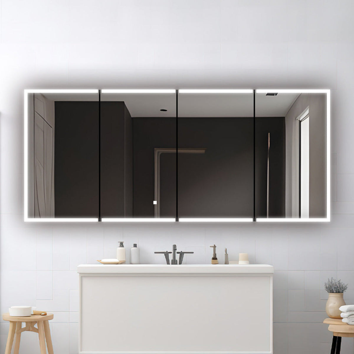 Aquadom Edge Royale 72" x 32" LED Lighted Medicine Cabinet With Defogger, Integrated LED 3X Magnifying Mirror, 8mm Clear Adjustable Glass Shelves and Electrical Outlet With USB - ER4-7232-N