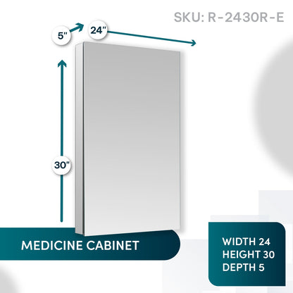 Aquadom Royale 24" x 30" Rectangular Right-Hinged Recessed or Surface Mount Medicine Cabinet With LED Lighting, Touch Screen Button, Defogger - R-2430R-E