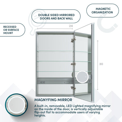 Aquadom Royale 24" x 30" Rectangular Right-Hinged Recessed or Surface Mount Medicine Cabinet With LED Lighting, Touch Screen Button, Defogger - R-2430R-E