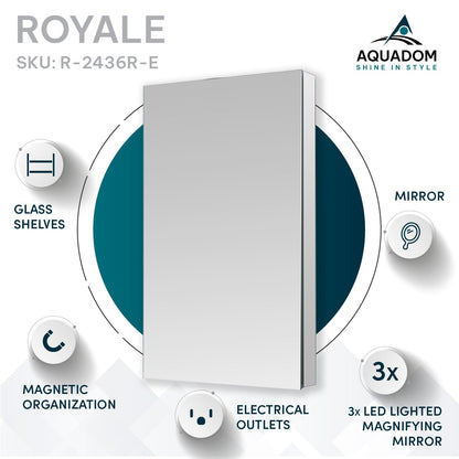 Aquadom Royale 24" x 36" Rectangular Right-Hinged Recessed or Surface Mount Medicine Cabinet With LED Lighting, Touch Screen Button, Defogger - R-2436R-E