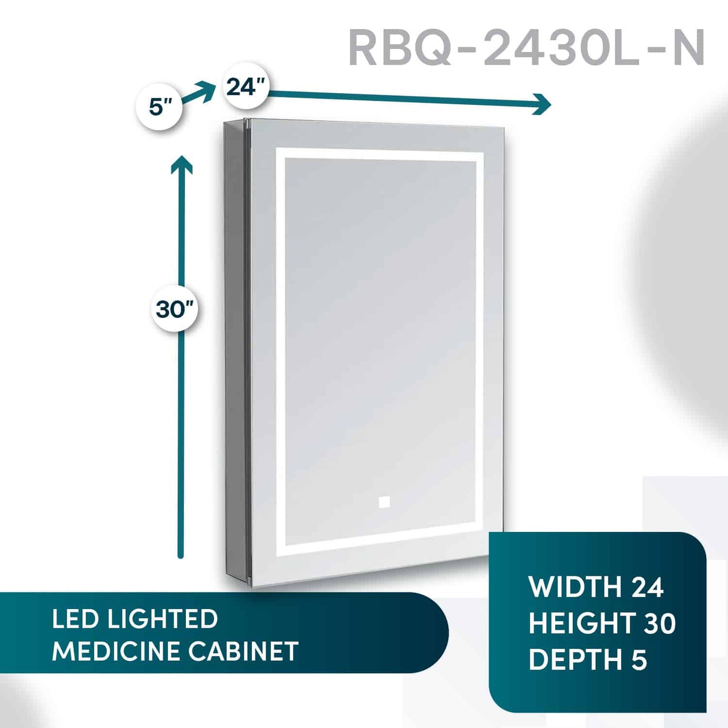 Aquadom Royale Basic Q 24" x 30" Rectangular Single View Left-Hinged Recessed or Surface Mount Medicine Cabinet With LED Lighting, Touch Screen Button, Dimmer - RBQ-2430L-N