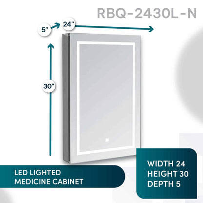 Aquadom Royale Basic Q 24" x 30" Rectangular Single View Left-Hinged Recessed or Surface Mount Medicine Cabinet With LED Lighting, Touch Screen Button, Dimmer - RBQ-2430L-N