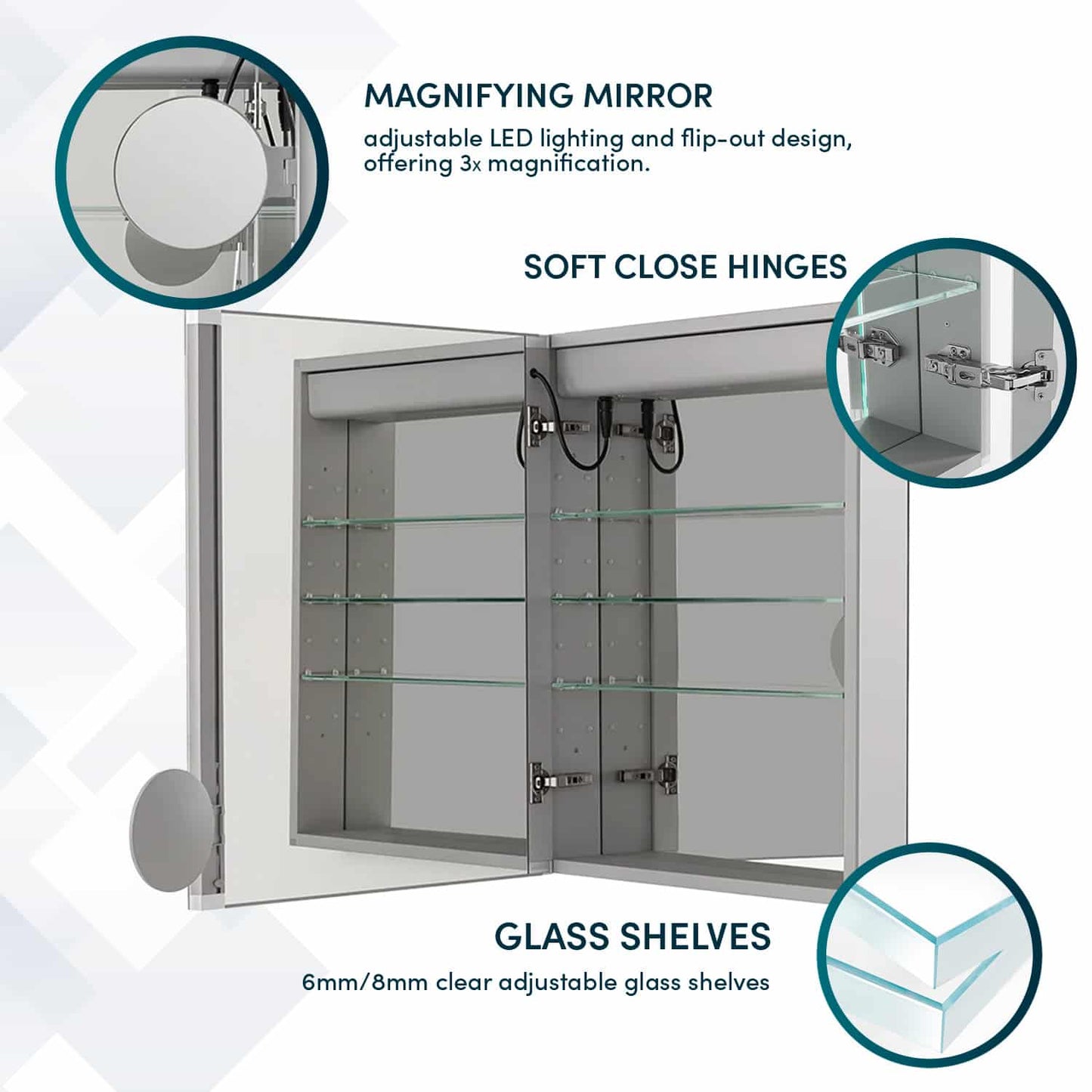 Aquadom Royale Basic Q 24" x 30" Rectangular Single View Left-Hinged Recessed or Surface Mount Medicine Cabinet With LED Lighting, Touch Screen Button, Dimmer - RBQ-2430L-N
