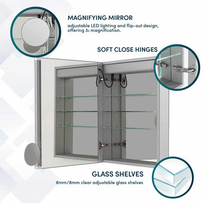 Aquadom Royale Basic Q 24" x 30" Rectangular Single View Left-Hinged Recessed or Surface Mount Medicine Cabinet With LED Lighting, Touch Screen Button, Dimmer - RBQ-2430L-N