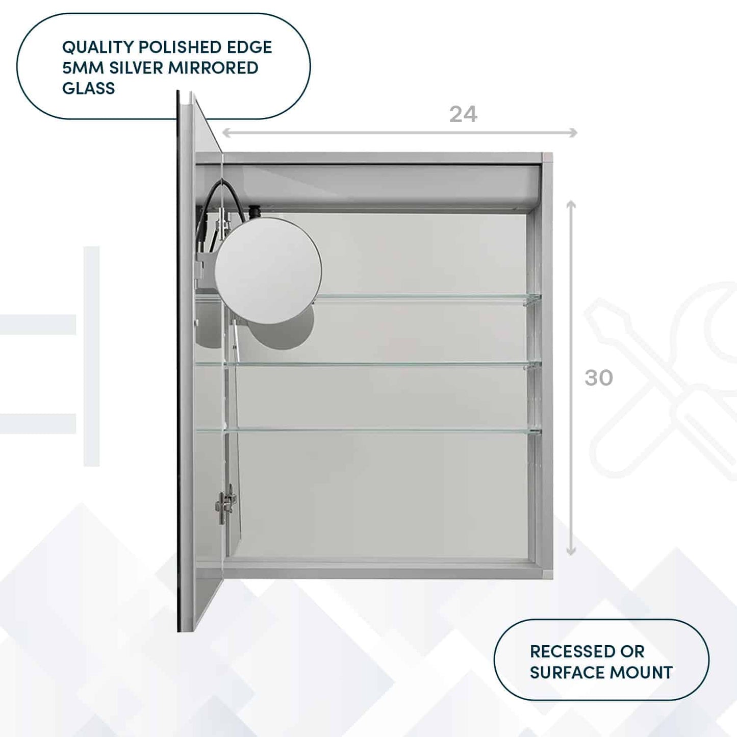 Aquadom Royale Basic Q 24" x 30" Rectangular Single View Left-Hinged Recessed or Surface Mount Medicine Cabinet With LED Lighting, Touch Screen Button, Dimmer - RBQ-2430L-N