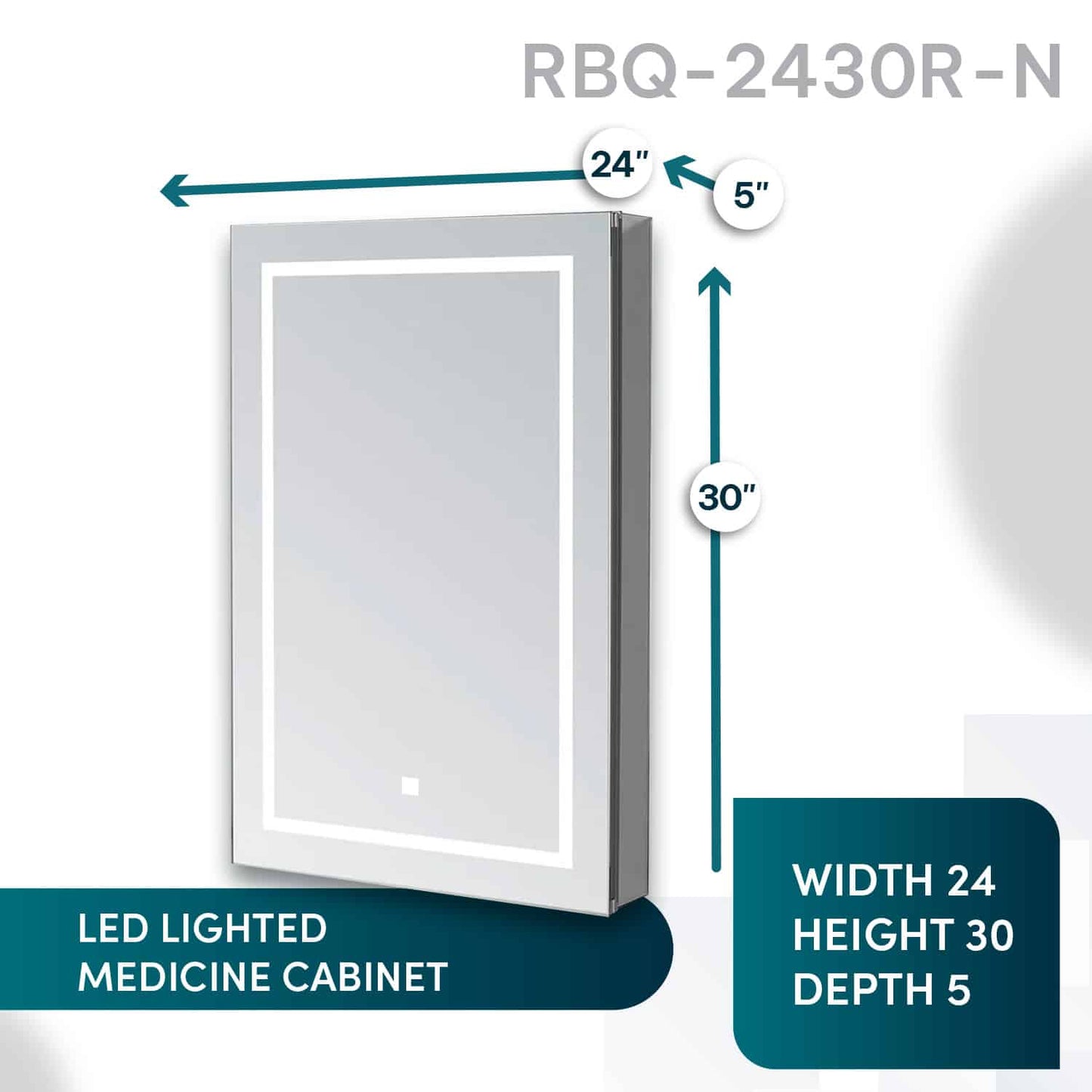 Aquadom Royale Basic Q 24" x 30" Rectangular Single View Right-Hinged Recessed or Surface Mount Medicine Cabinet With LED Lighting, Touch Screen Button, Dimmer - RBQ-2430R-N