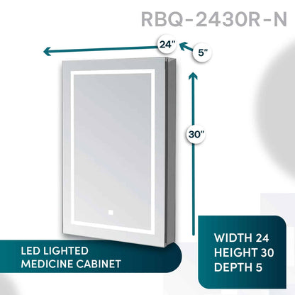 Aquadom Royale Basic Q 24" x 30" Rectangular Single View Right-Hinged Recessed or Surface Mount Medicine Cabinet With LED Lighting, Touch Screen Button, Dimmer - RBQ-2430R-N