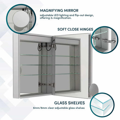 Aquadom Royale Basic Q 24" x 30" Rectangular Single View Right-Hinged Recessed or Surface Mount Medicine Cabinet With LED Lighting, Touch Screen Button, Dimmer - RBQ-2430R-N
