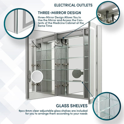 Aquadom Royale Plus 40" x 36" Triple-Door LED Lighted Medicine Cabinet With Defogger, Integrated LED 3X Magnifying Mirror and Electrical Outlet With USB - RP3-4036-N