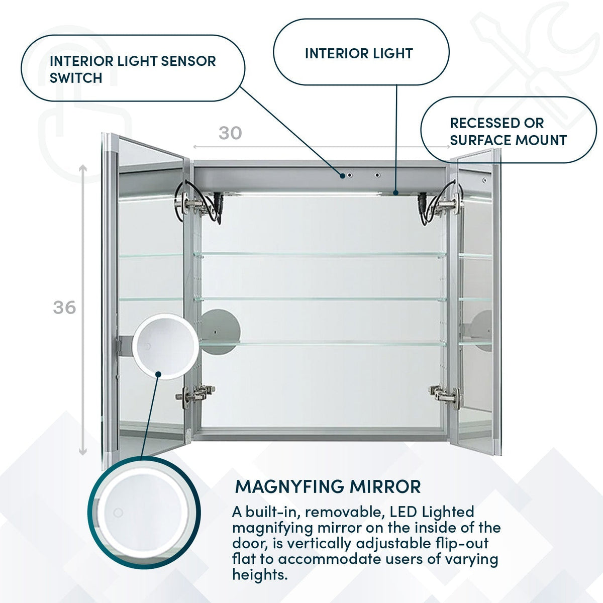 Aquadom Signature Royale 30" x 36" Rectangle Medicine Cabinet With Lighting, Defogger, Integrated LED 3X Magnifying Mirror And Electrical Outlet with USB - SR-3036-N