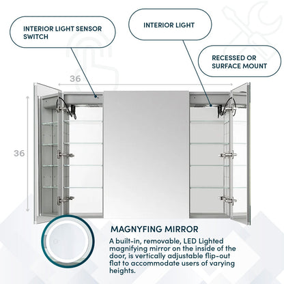 Aquadom Signature Royale 36" x 36" Triple-Door LED Lighted Medicine Cabinet With Defogger, Integrated LED 3X Magnifying Mirror and Electrical Outlet With USB - SR3-3636-N