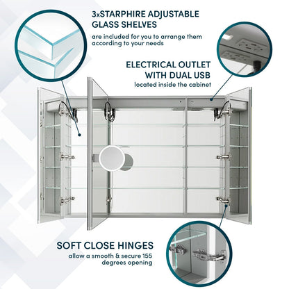 Aquadom Signature Royale 48" x 30" Triple-Door LED Lighted Medicine Cabinet With Defogger, Integrated LED 3X Magnifying Mirror and Electrical Outlet With USB - SR3-4830-N