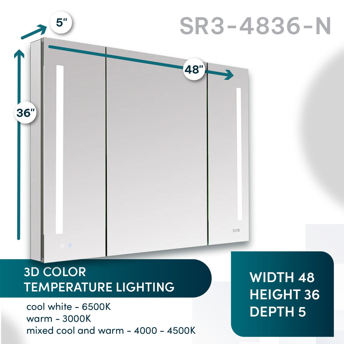 Aquadom Signature Royale 48" x 36" Triple-Door LED Lighted Medicine Cabinet With Defogger, Integrated LED 3X Magnifying Mirror and Electrical Outlet With USB - SR3-4836-N