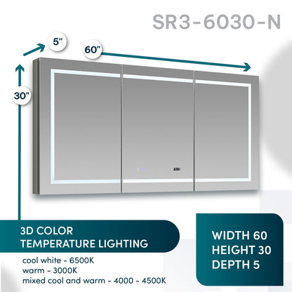 Aquadom Signature Royale 60" x 30" LED Lighted Medicine Cabinet With Defogger, Integrated LED 3X Magnifying Mirror and Electrical Outlet With USB - SR3-6030-N