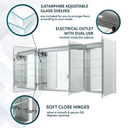Aquadom Signature Royale 60" x 30" LED Lighted Medicine Cabinet With Defogger, Integrated LED 3X Magnifying Mirror and Electrical Outlet With USB - SR3-6030-N