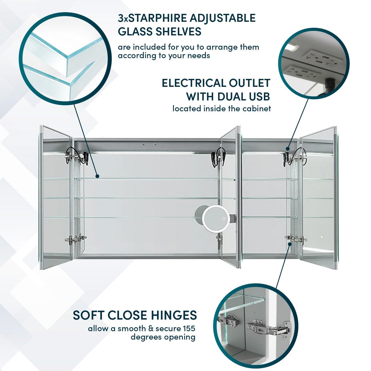 Aquadom Signature Royale 60" x 36" Triple-Door LED Lighted Medicine Cabinet With Defogger, Integrated LED 3X Magnifying Mirror and Electrical Outlet With USB - SR3-6036-N