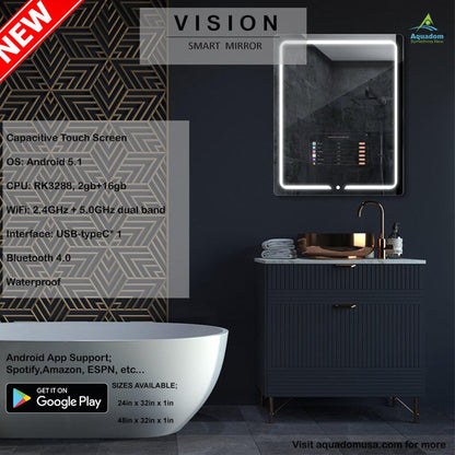 Aquadom Vision 48" x 32" Smart LED Lighted Bathroom Mirror With Built-in TV and Defogger - V-4832