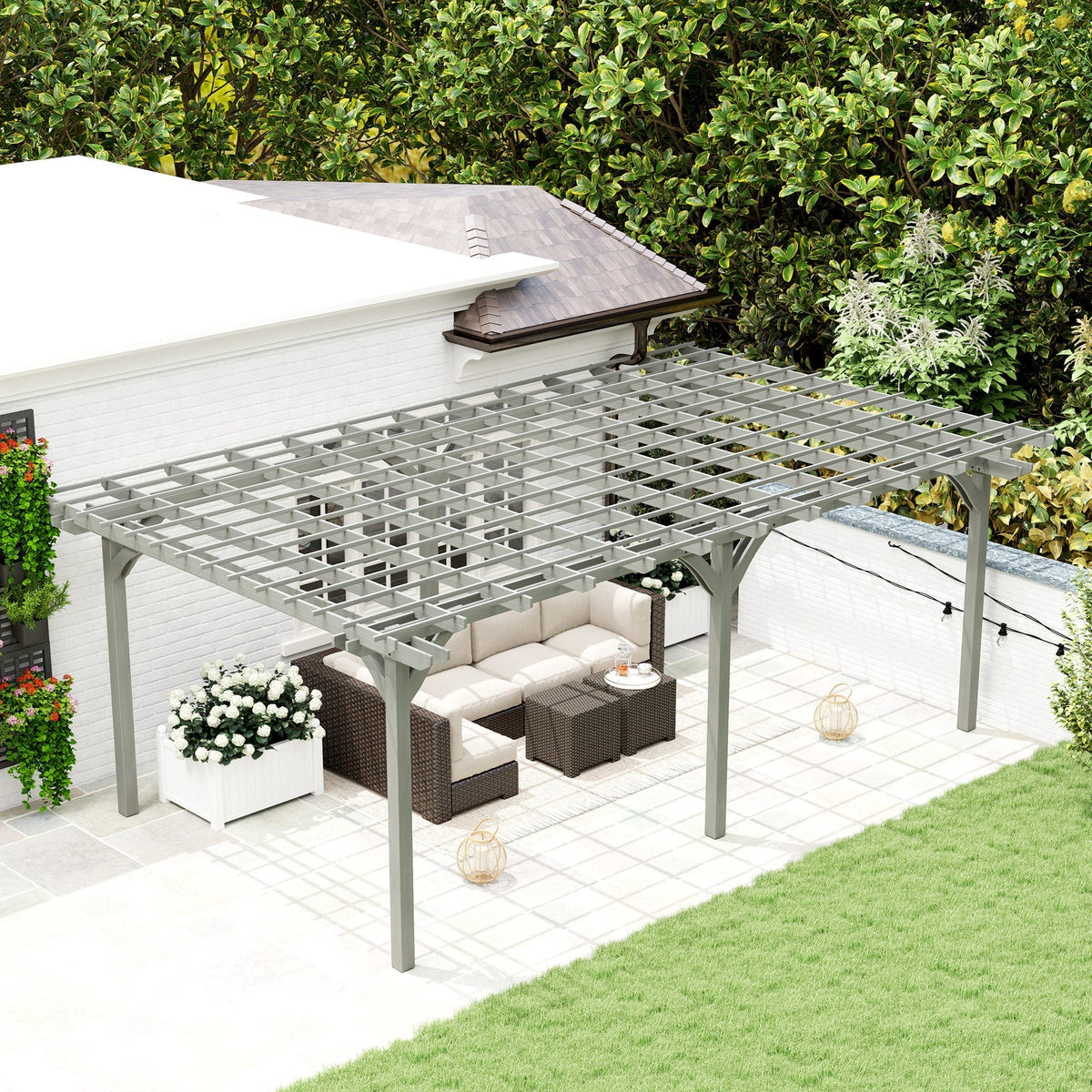 12' x 20' Wood Pergola with Sturdy Trellis for Climbing Plants, Gray