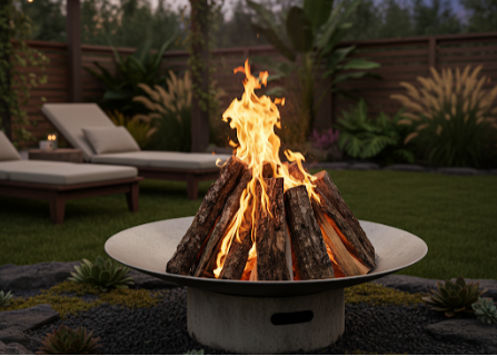 Fire pit with flames in a backyard setting at night