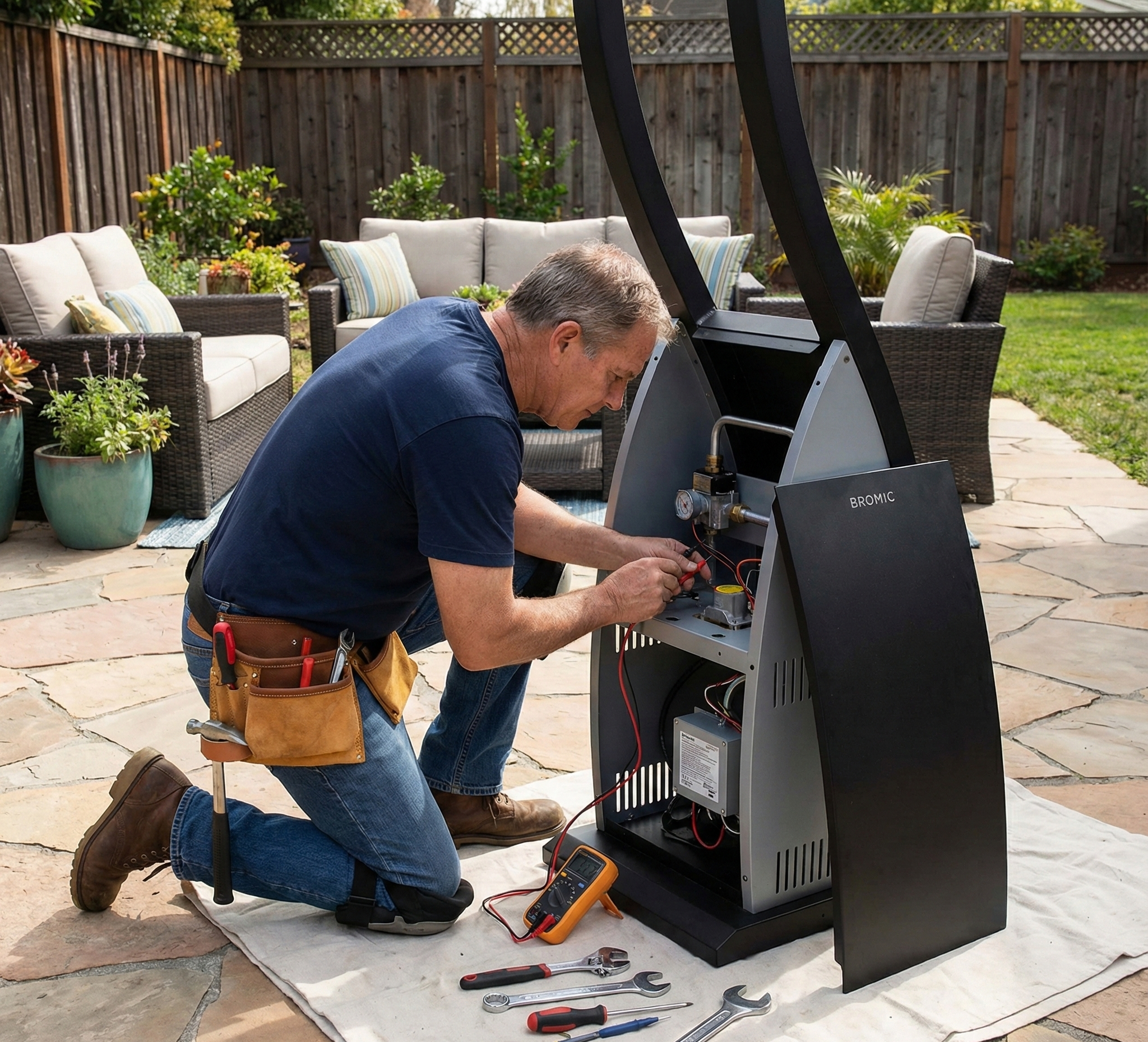 Man working on a backyard patio with a barbecue grill and tools.