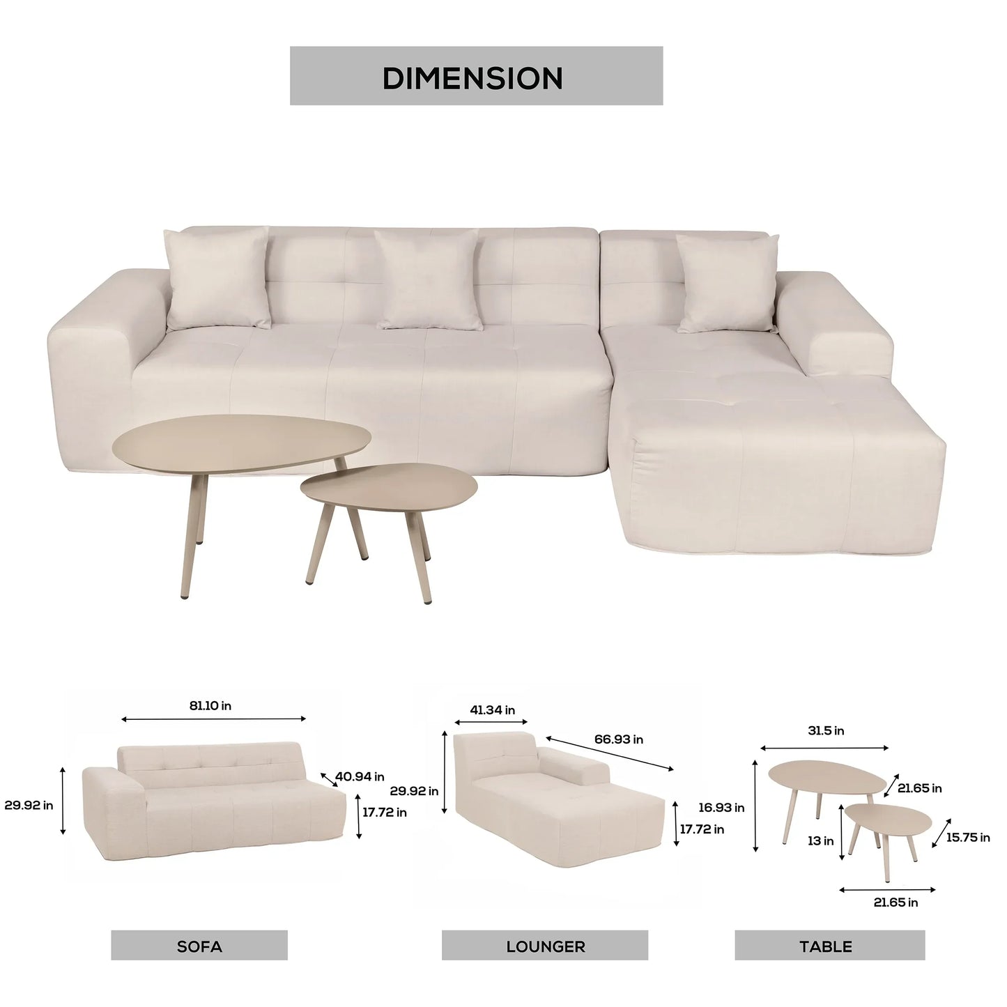 Deko Living 3 Piece Beige Compressed Foam Sectional Sofa Lounger and Table Set  - CIF50218