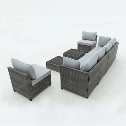 Deko Living 8 Piece Gray Outdoor Sectional Wicker Sofa Chairs and Tables  with Interchangable Blue and Gray Cushion Covers  - COP30111