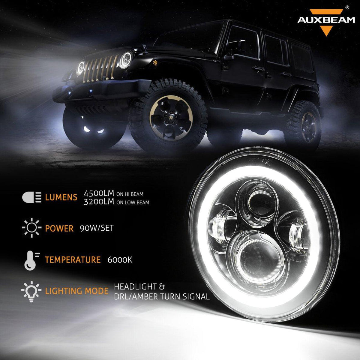 Auxbeam 7" LED Halo Headlights + 5D-PRO 52" Straight LED Light Bar + Windshield Mounting Brackets + 18W Flood Beam Pod Lights Set for Jeep Wrangler TJ - GP00007758