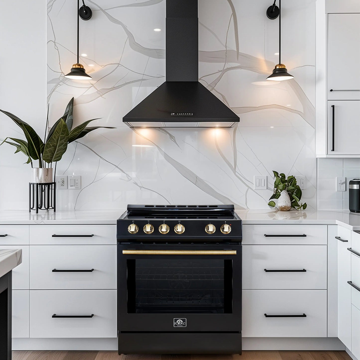 Forno 5-Piece Appliance Package - 30-Inch Electric Range, Under Cabinet Range Hood, French Door Refrigerator, Dishwasher , & Microwave Drawer in Black with Antique Brass Trim - APR5-6012-30BLK
