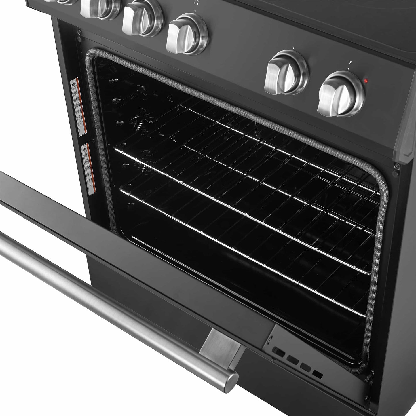 Forno 5-Piece Appliance Package - 30-Inch Electric Range, Under Cabinet Range Hood, Refrigerator with Water Dispenser, Dishwasher, and  Microwave Drawer in Black with Stainless Steel Trim - APW5-6012-30BLK