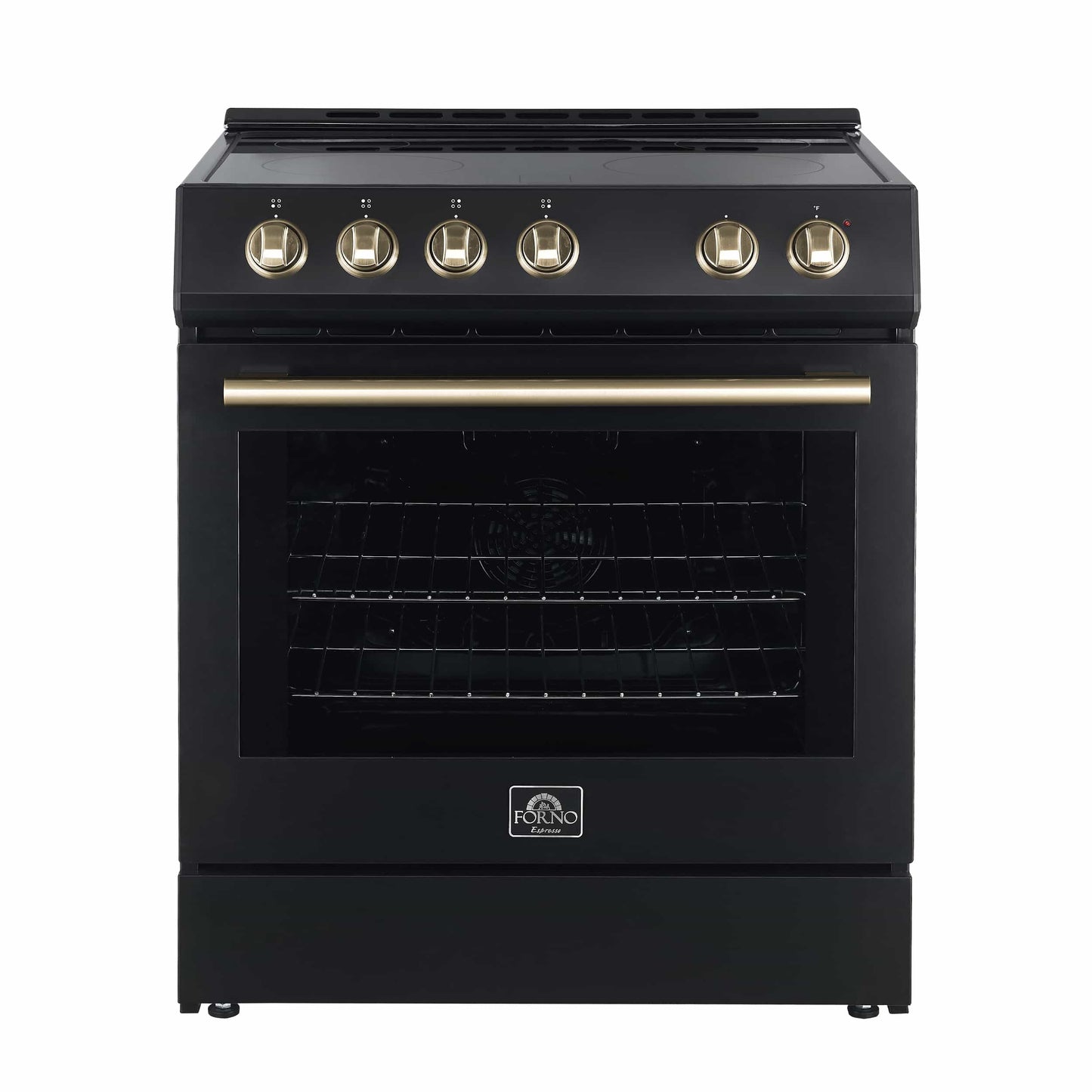 Forno 5-Piece Appliance Package - 30-Inch Electric Range, Under Cabinet Range Hood, Refrigerator with Water Dispenser, Dishwasher, and 30-Inch Microwave Drawer in Black with Antique Brass Trim - APW5-6012-30BLK-MWD30