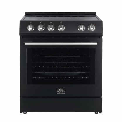 Forno 5-Piece Appliance Package - 30-Inch Electric Range, Under Cabinet Range Hood, Refrigerator with Water Dispenser, Dishwasher, and  Microwave Drawer in Black with Antique Brass Trim - APW5-6012-30BLK