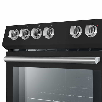 Forno 5-Piece Appliance Package - 30-Inch Electric Range, Under Cabinet Range Hood, Refrigerator with Water Dispenser, Dishwasher, and  Microwave Drawer in Black with Antique Brass Trim - APW5-6012-30BLK