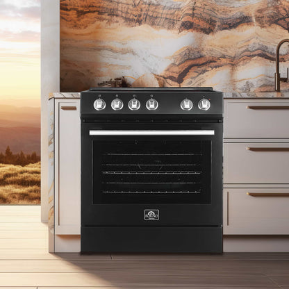 Forno 5-Piece Appliance Package - 30-Inch Electric Range, Under Cabinet Range Hood, Refrigerator, Dishwasher, and 24-Inch Microwave Oven in Black with Stainless Steel Trim - APR5-6012-30BLK-MWO24