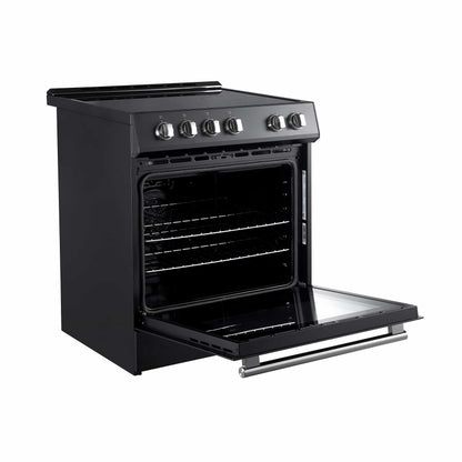 Forno 5-Piece Appliance Package - 30-Inch Electric Range, Under Cabinet Range Hood, French Door Refrigerator, Dishwasher, and 30-Inch Microwave Drawer in Black with Stainless Steel Handle - APR5-6012-30BLK-MWD30