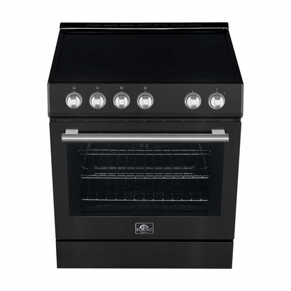 Forno 5-Piece Appliance Package - 30-Inch Electric Range, Under Cabinet Range Hood, Refrigerator with Water Dispenser, Dishwasher, and 30-Inch Microwave Drawer in Black with Antique Brass Trim - APW5-6012-30BLK-MWD30