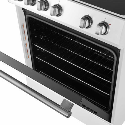 Forno 5-Piece Appliance Package - 30-Inch Electric Range, Under Cabinet Range Hood, French Door Refrigerator, Dishwasher, and 30-Inch Microwave Drawer in White with Stainless Steel Trim - APR5-6012-30WHT-MWD30