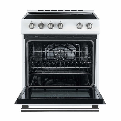 Forno 5-Piece Appliance Package - 30-Inch Electric Range, Under Cabinet Range Hood, Refrigerator with Water Dispenser, Dishwasher, and  Microwave Drawer in White with Stainless Steel Trim - APW5-6012-30WHT