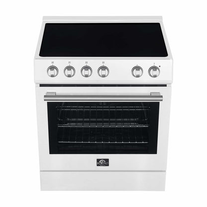 Forno 5-Piece Appliance Package - 30-Inch Electric Range, Under Cabinet Range Hood, French Door Refrigerator, Dishwasher, and 30-Inch Microwave Drawer in White with Stainless Steel Trim - APR5-6012-30WHT-MWD30
