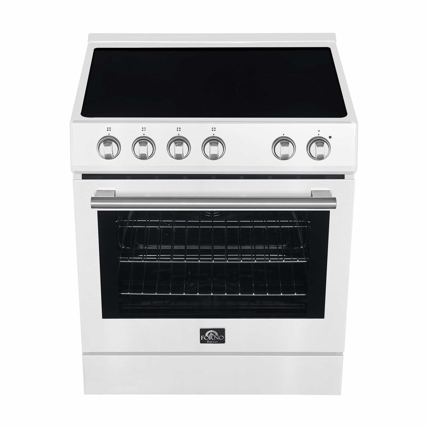 Forno 5-Piece Appliance Package - 30-Inch Electric Range, Under Cabinet Range Hood, Refrigerator with Water Dispenser, Dishwasher, and 30-Inch Microwave Drawer in White with Stainless Steel Trim - APW5-6012-30WHT-MWD30