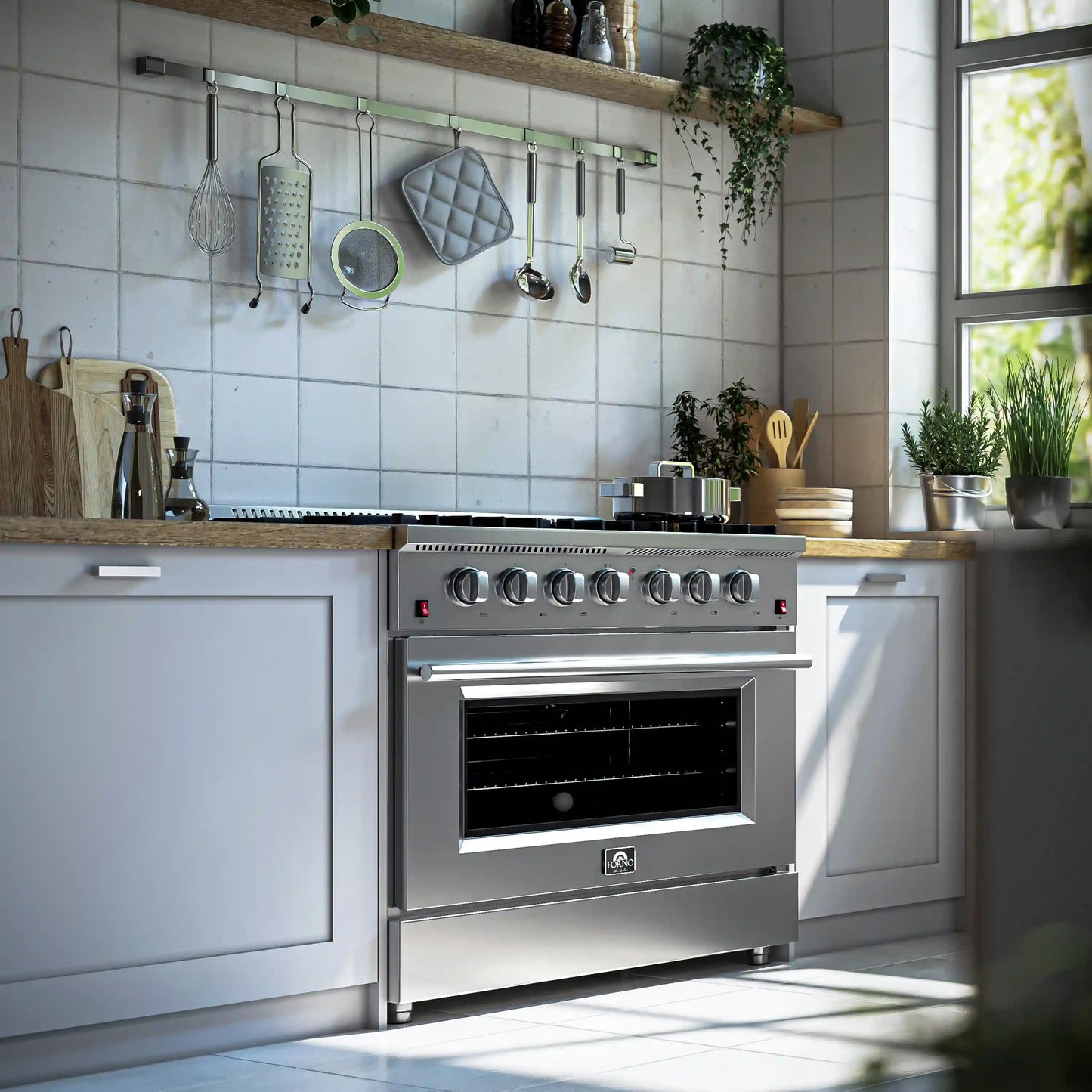 Forno 5-Piece Appliance Package - 36-Inch Gas Range, Wall Mount Range Hood, 36-Inch Refrigerator, Dishwasher, and 30-Inch Microwave Oven in Stainless Steel - AP5-6244-36-5095-30MO