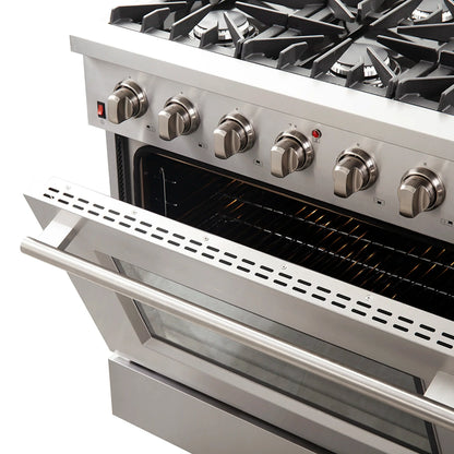 Forno 5-Piece Appliance Package - 36-Inch Gas Range, Wall Mount Range Hood, 60-Inch Refrigerator, Dishwasher, and 30-Inch Microwave Oven in Stainless Steel - AP5-6244-36-5095-60S-30MO