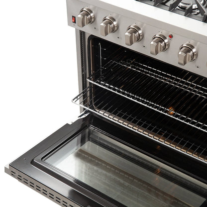 Forno 5-Piece Appliance Package - 36-Inch Gas Range, Wall Mount Range Hood, 60-Inch Refrigerator, Dishwasher, and 30-Inch Microwave Oven in Stainless Steel - AP5-6244-36-5095-60S-30MO