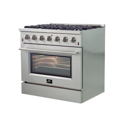 Forno 5-Piece Appliance Package - 36-Inch Gas Range, Wall Mount Range Hood, 60-Inch Refrigerator, Dishwasher, and 30-Inch Microwave Drawer in Stainless Steel - AP5-6244-36-5095-60S-30MD