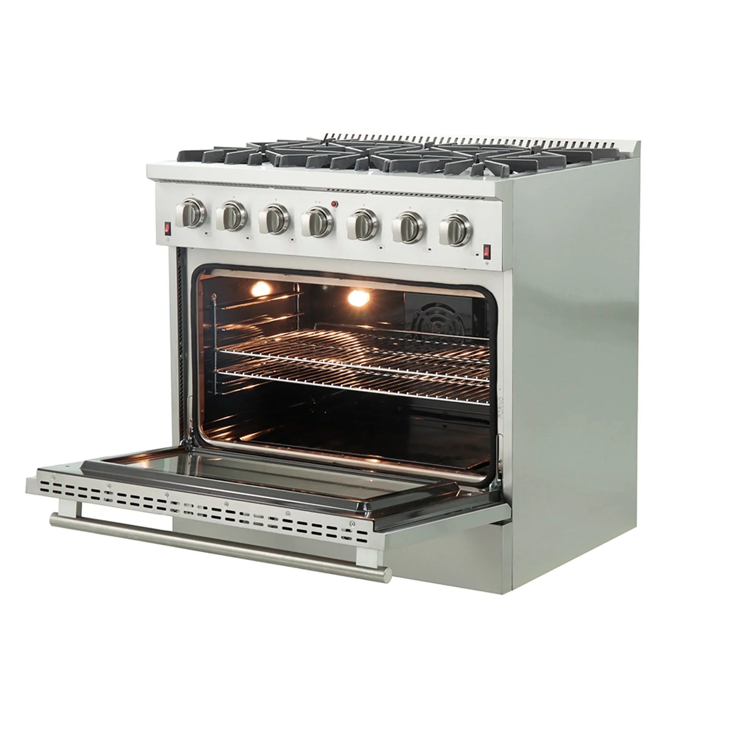 Forno 5-Piece Appliance Package - 36-Inch Gas Range, Wall Mount Range Hood, 60-Inch Refrigerator, Dishwasher, and 24-Inch Microwave Oven in Stainless Steel - AP5-6244-36-5095-60S-24MO
