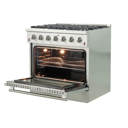 Forno 5-Piece Appliance Package - 36-Inch Gas Range, Wall Mount Range Hood, 36-Inch Refrigerator, Dishwasher, and 30-Inch Microwave Oven in Stainless Steel - AP5-6244-36-5095-30MO