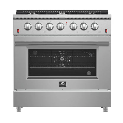 Forno 5-Piece Appliance Package - 36-Inch Gas Range, Wall Mount Range Hood, 60-Inch Refrigerator, Dishwasher, and 30-Inch Microwave Oven in Stainless Steel - AP5-6244-36-5095-60S-30MO