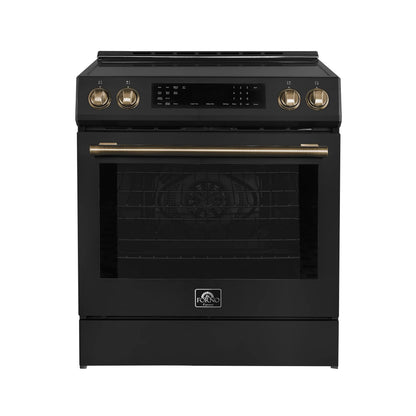 Forno 5-Piece Appliance Package - 30-Inch Induction Range, Under Cabinet Range Hood, Refrigerator, Dishwasher, and 30-Inch Microwave Oven in Black with Antique Brass Trim - APR5-905-30BLK-MWO30