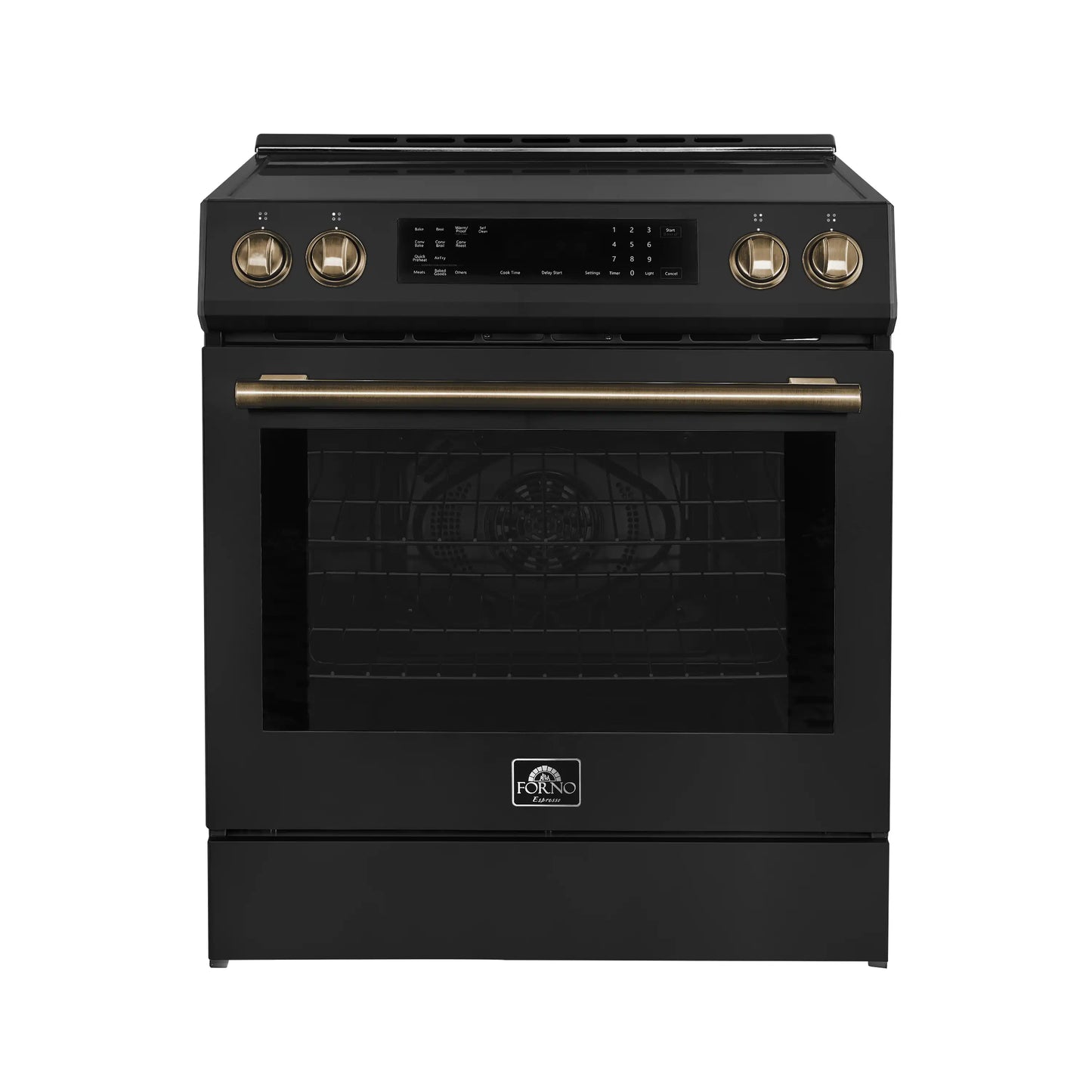 Forno 5-Piece Appliance Package - 30-Inch Induction Range, Under Cabinet Range Hood, Refrigerator with Water Dispenser, Dishwasher, and 30-Inch Microwave Drawer in Black with Antique Brass Trim - APW5-905-30BLK-MWD30