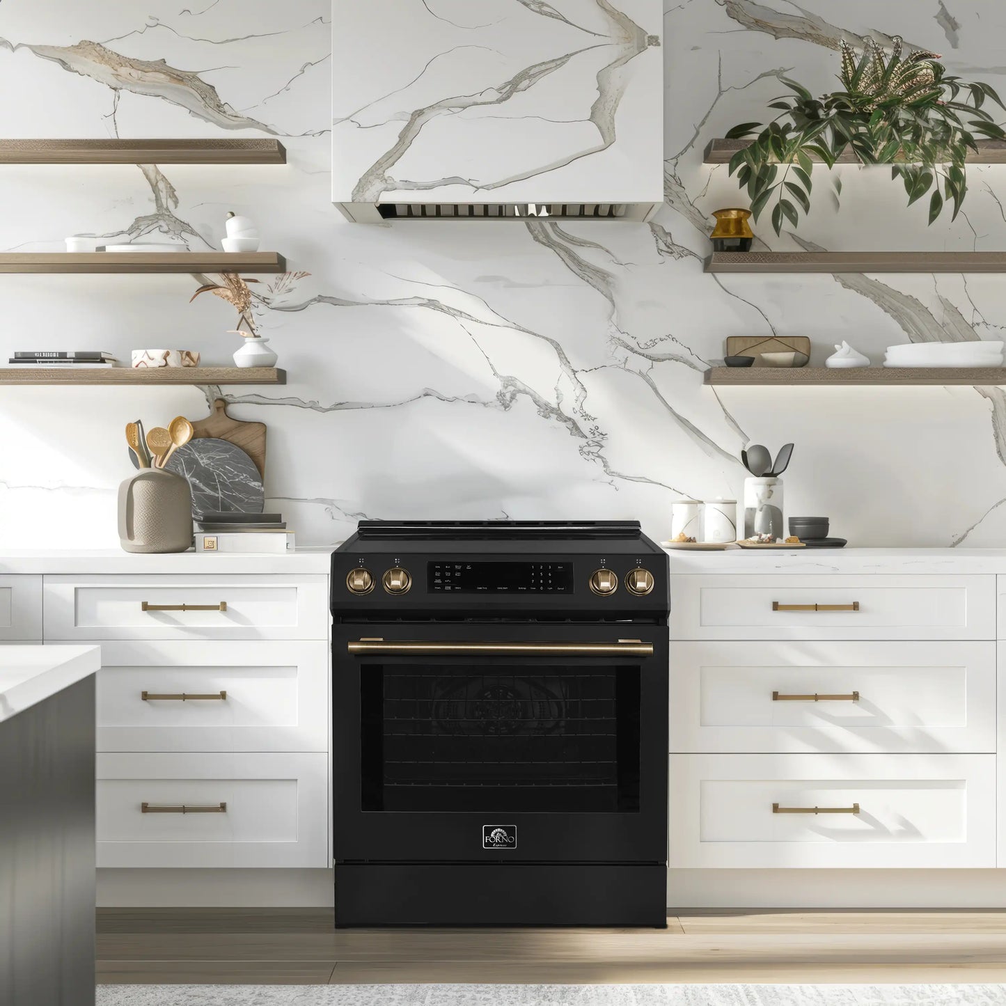 Forno Espresso Donatello 30-Inch Induction Range with Digital Display in Black with Antique Brass Trim  - FFSIN0905-30BLK